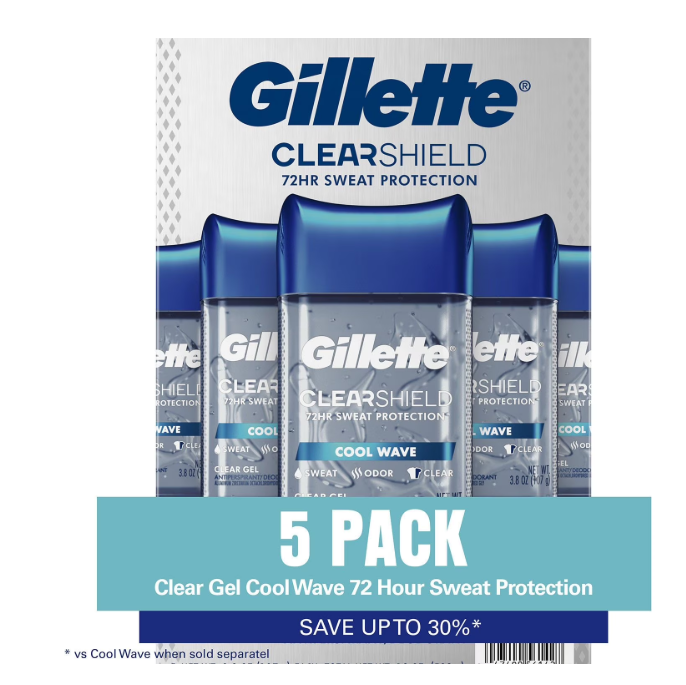 Gillette Cool Wave Clear Gel Men's Antiperspirant and Deodorant, 3.8 oz., 5 pk.