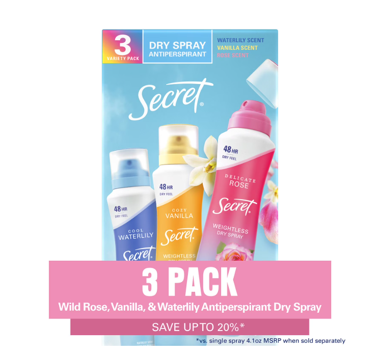 Secret Dry Spray Women's Antiperspirant Deodorant, Vanilla, Wild Rose & Waterlily, 4.1 oz., 3 pk.