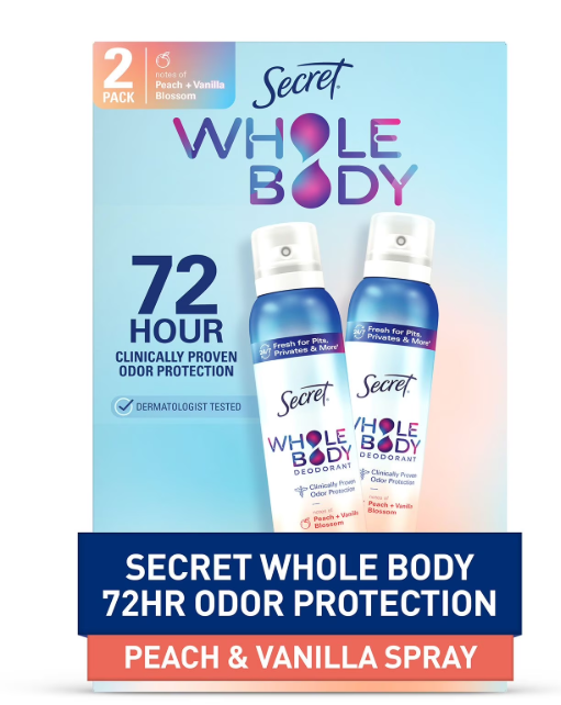 Secret Whole Body Sprays Deodorant, Peach & Vanilla, 3.5 oz., 2 pk.