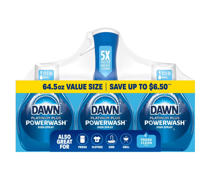 Dawn Platinum Plus Powerwash Dish Spray Bottle Set, Fresh Scent, 1 Spray Bottle + 2 Refills, 64.5 fl. oz.