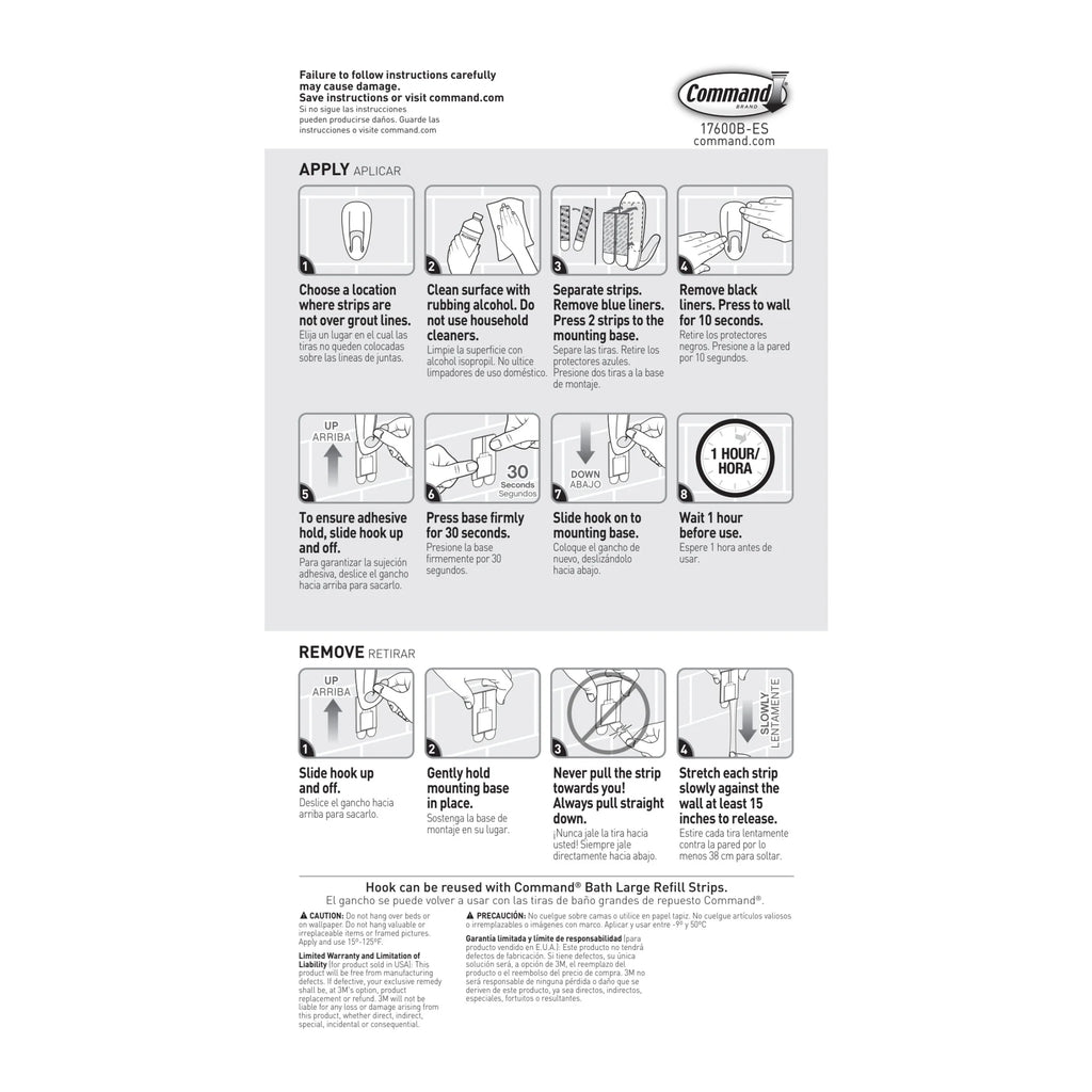 Bath Hook, White, Large, 1 Wall Hook, 2 Water Resistant Strips, Hang Robes or Loofahs