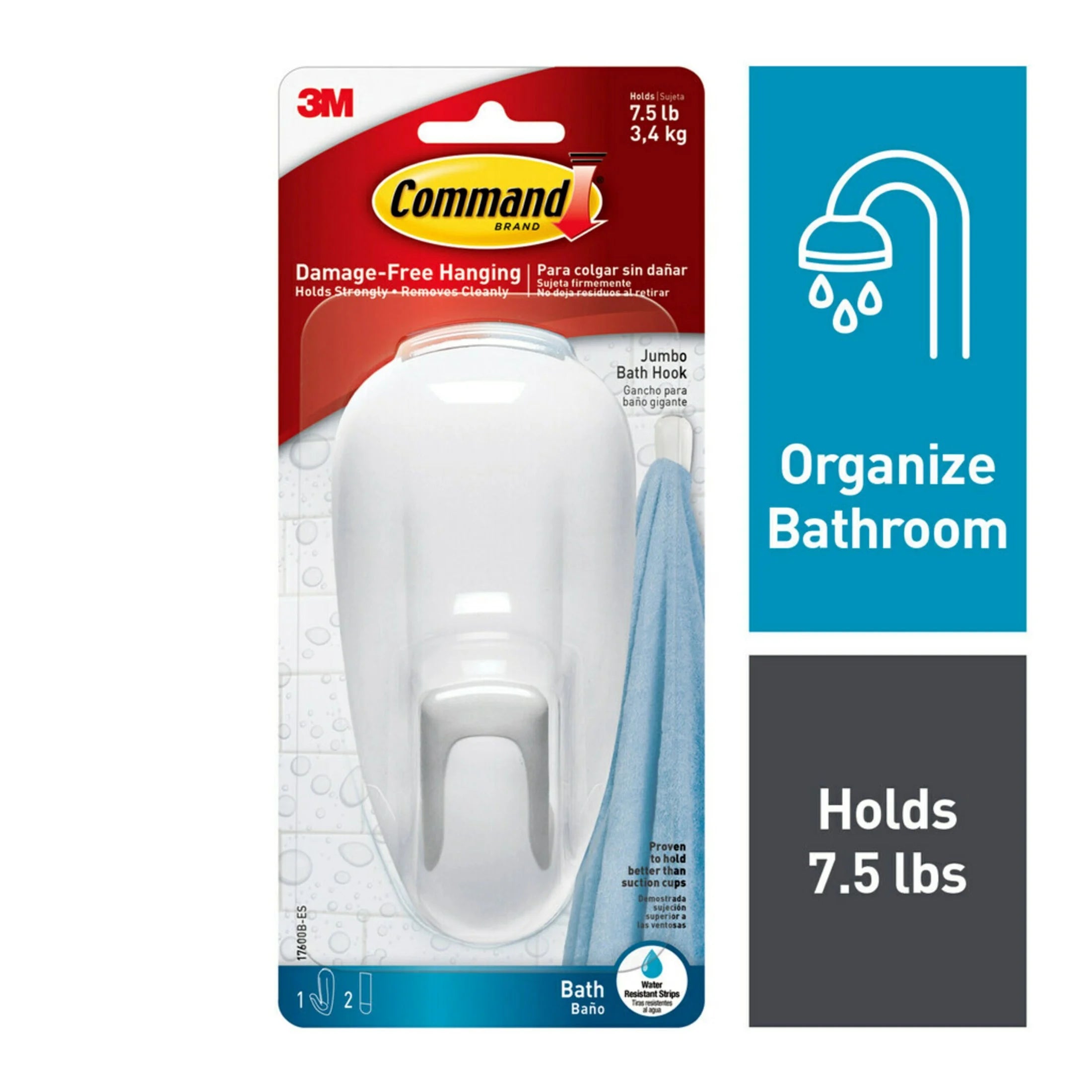 Bath Hook, White, Large, 1 Wall Hook, 2 Water Resistant Strips, Hang Robes or Loofahs