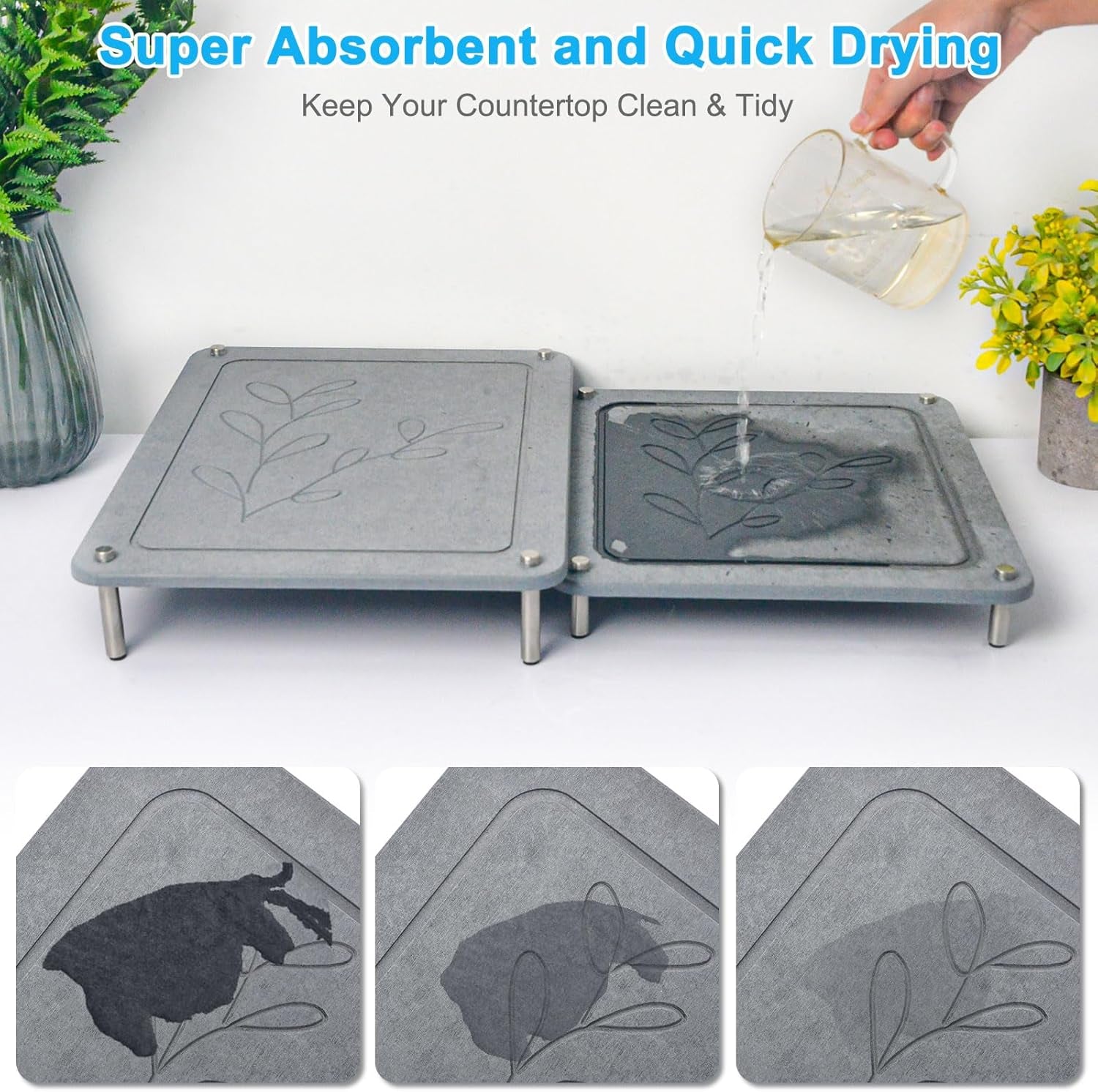 3Pcs Nesting Stone Drying Mat for Kitchen Counter, Quick Drying Dish Drying Mat with Non-Slip Feet, Super Absorbent Heat Resistant Diatomaceous Earth Dish Drying Mat for Dishes, Bottles, Cups-Gray