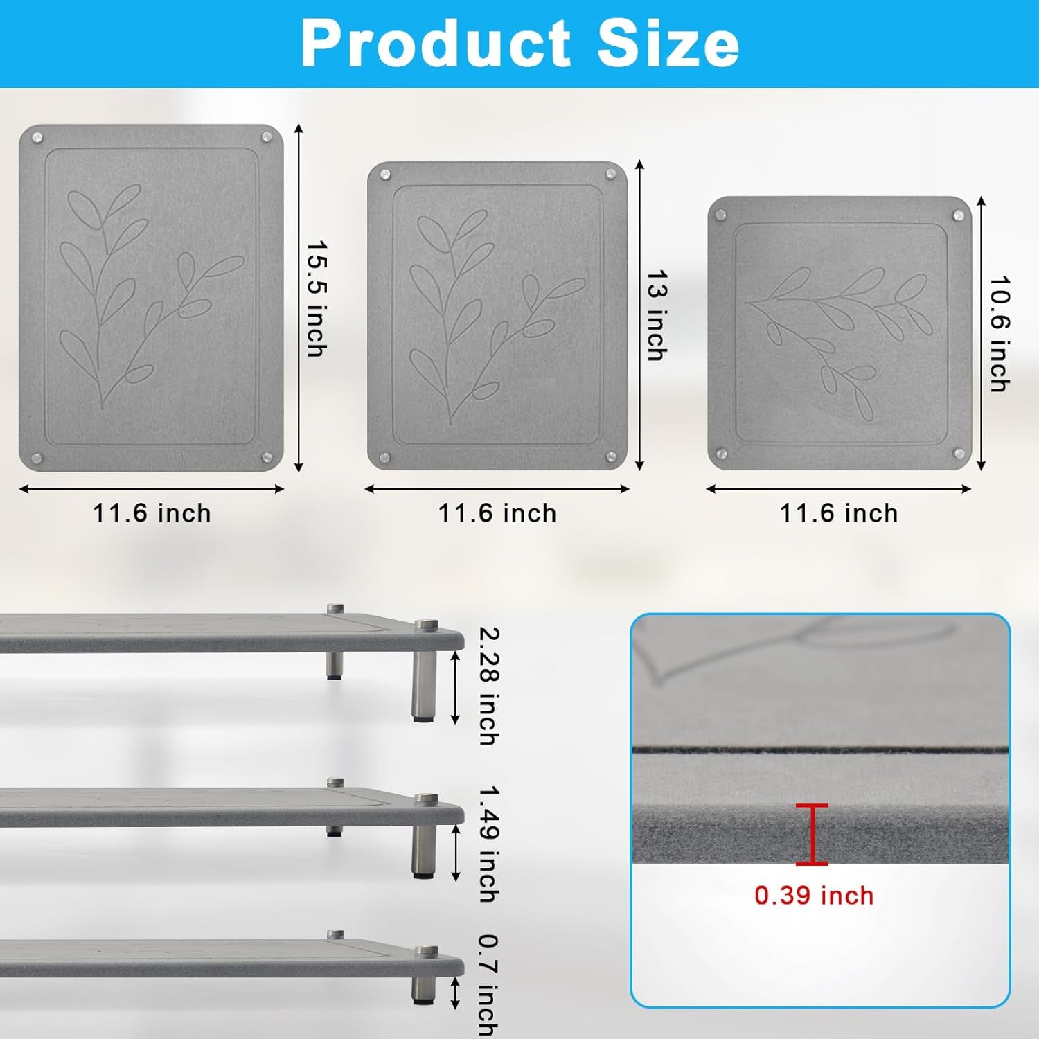 3Pcs Nesting Stone Drying Mat for Kitchen Counter, Quick Drying Dish Drying Mat with Non-Slip Feet, Super Absorbent Heat Resistant Diatomaceous Earth Dish Drying Mat for Dishes, Bottles, Cups-Gray