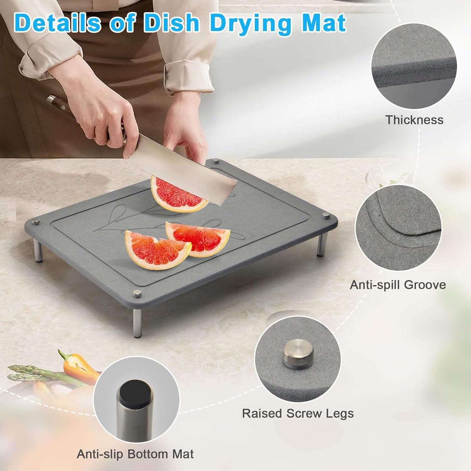 3Pcs Nesting Stone Drying Mat for Kitchen Counter, Quick Drying Dish Drying Mat with Non-Slip Feet, Super Absorbent Heat Resistant Diatomaceous Earth Dish Drying Mat for Dishes, Bottles, Cups-Gray