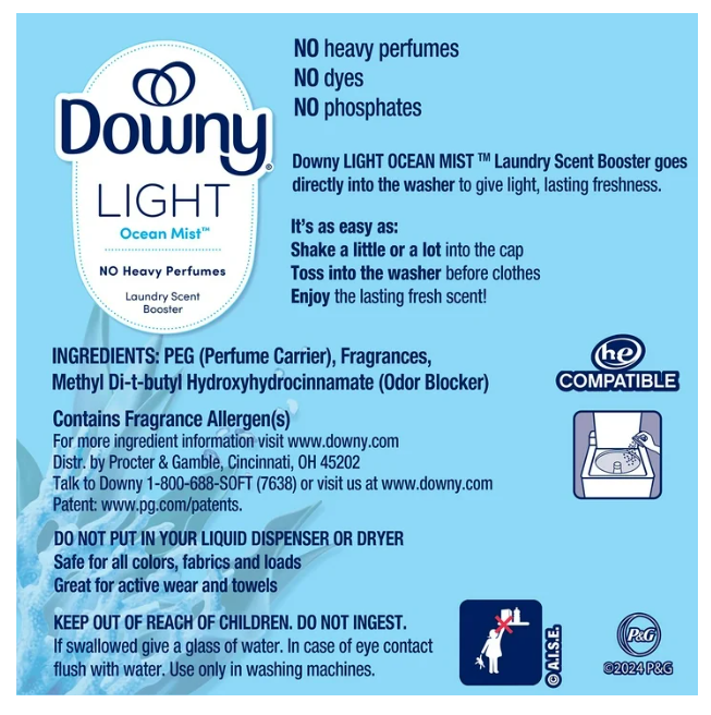 Downy Light Laundry In-Wash Scent Booster Beads, Ocean Mist Scent, 39.9 oz