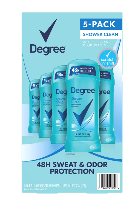 Degree Antiperspirant Deodorant, Shower Clean, 2.6 oz., 5 pk.