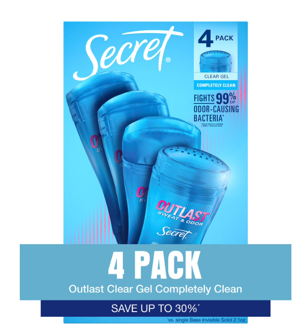 Secret Outlast Clear Gel Deodorant, Completely Clean, 2.6 oz., 4 pk.