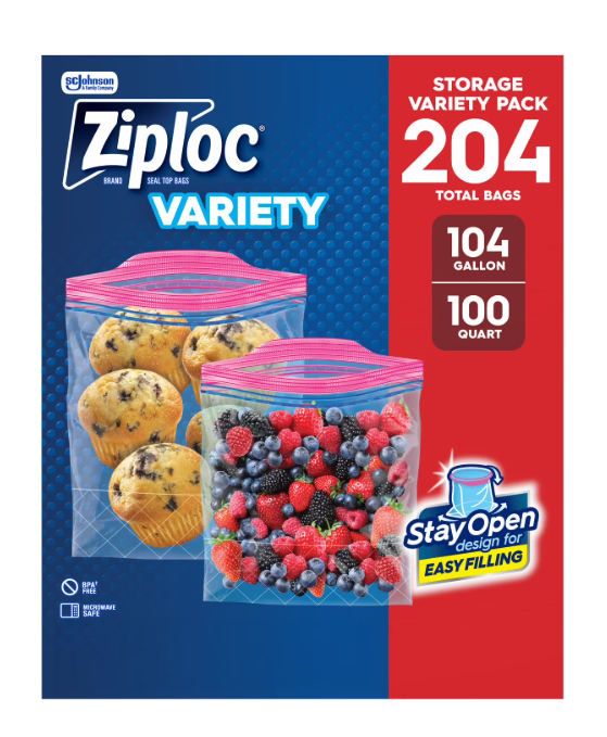 Ziploc Gallon & Storage Quart Bags with New Stay Open Design, 204 ct.