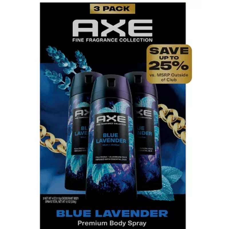 AXE Premium Deodorant Body Spray, Blue Lavender, 4 Oz., 3 Pk.