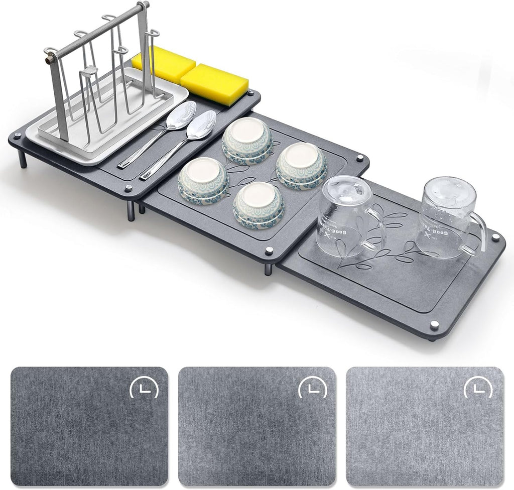3Pcs Nesting Stone Drying Mat for Kitchen Counter, Quick Drying Dish Drying Mat with Non-Slip Feet, Super Absorbent Heat Resistant Diatomaceous Earth Dish Drying Mat for Dishes, Bottles, Cups-Gray