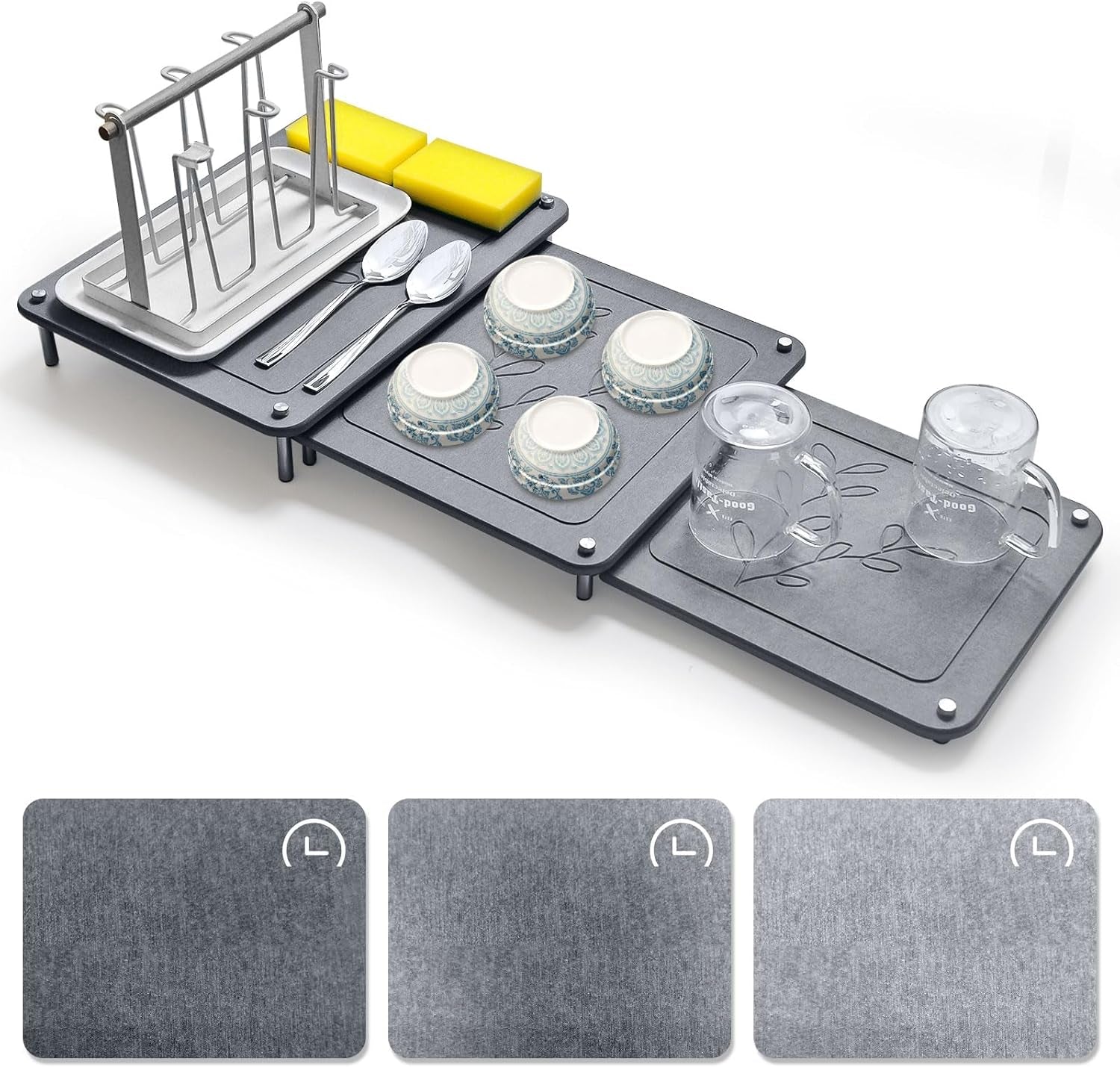 3Pcs Nesting Stone Drying Mat for Kitchen Counter, Quick Drying Dish Drying Mat with Non-Slip Feet, Super Absorbent Heat Resistant Diatomaceous Earth Dish Drying Mat for Dishes, Bottles, Cups-Gray