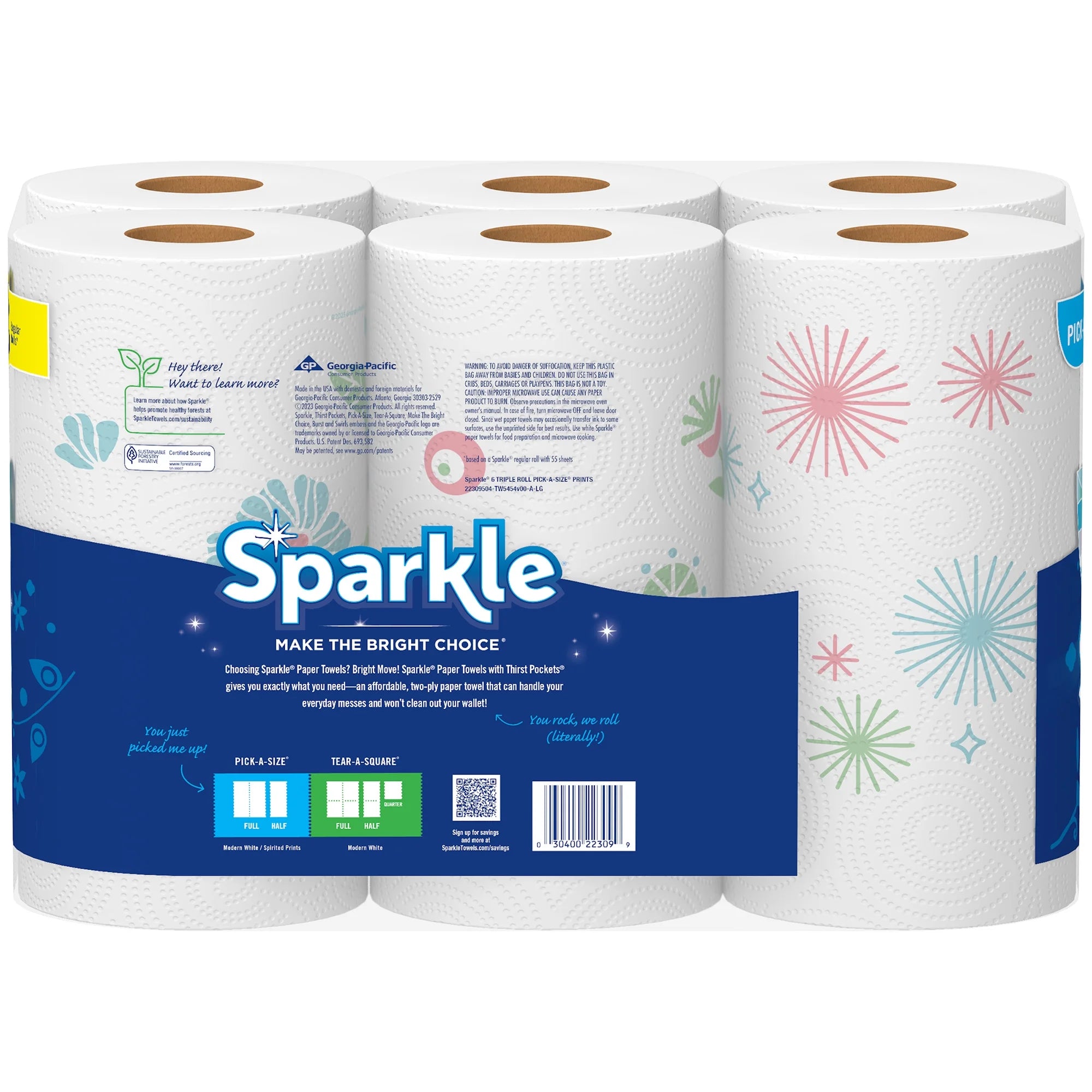 Sparkle Pick-A-Size Paper Towels, Multi-Color, 6 Triple Rolls